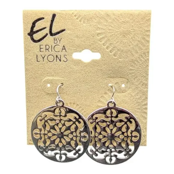 EL by Erica Lyons Silver Tone Filigree Drop Earrings Round Boho Dangle NWT - Picture 5 of 11